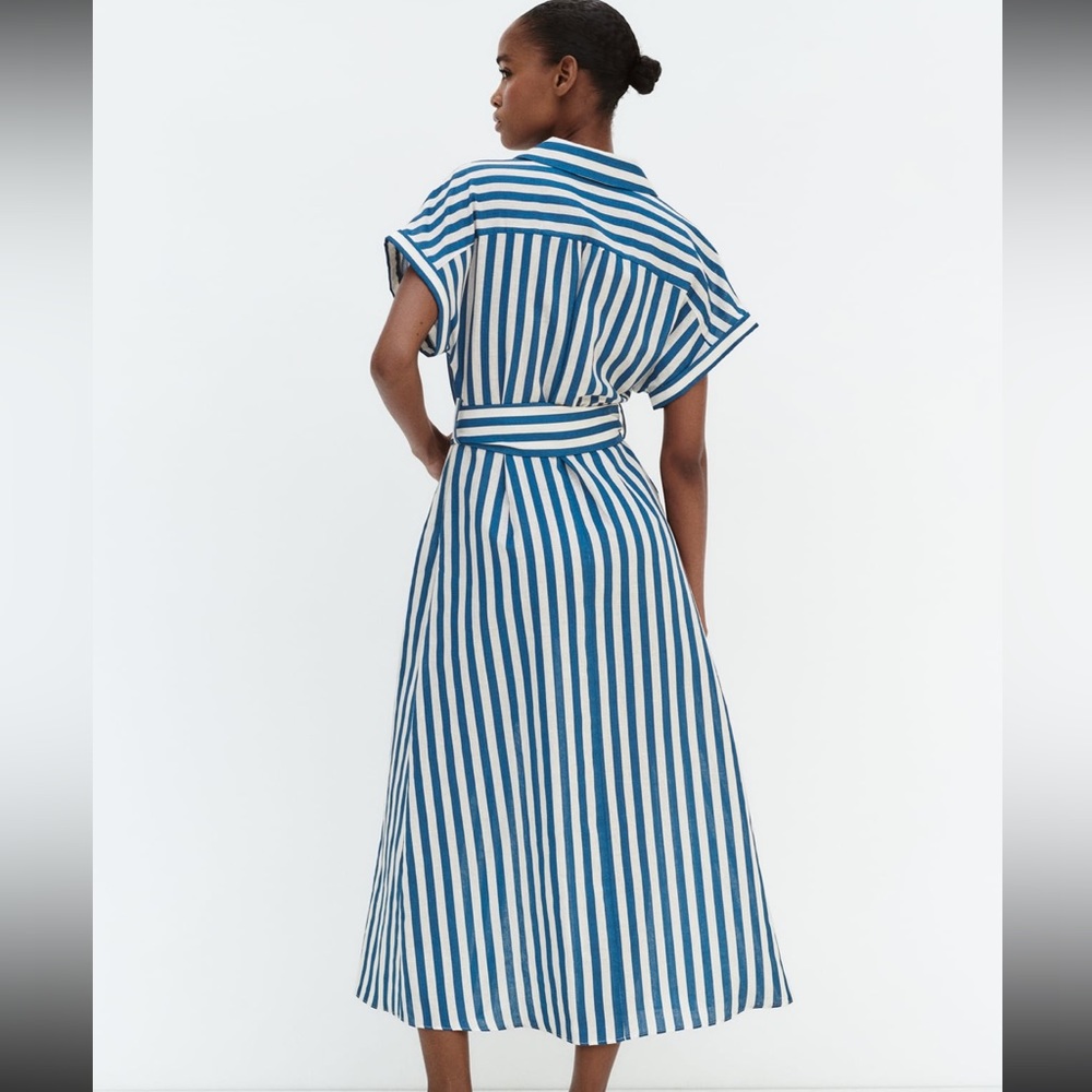 Zara limited edition linen with cotton blend buttoned midi dress with belt - Picture 3 of 10
